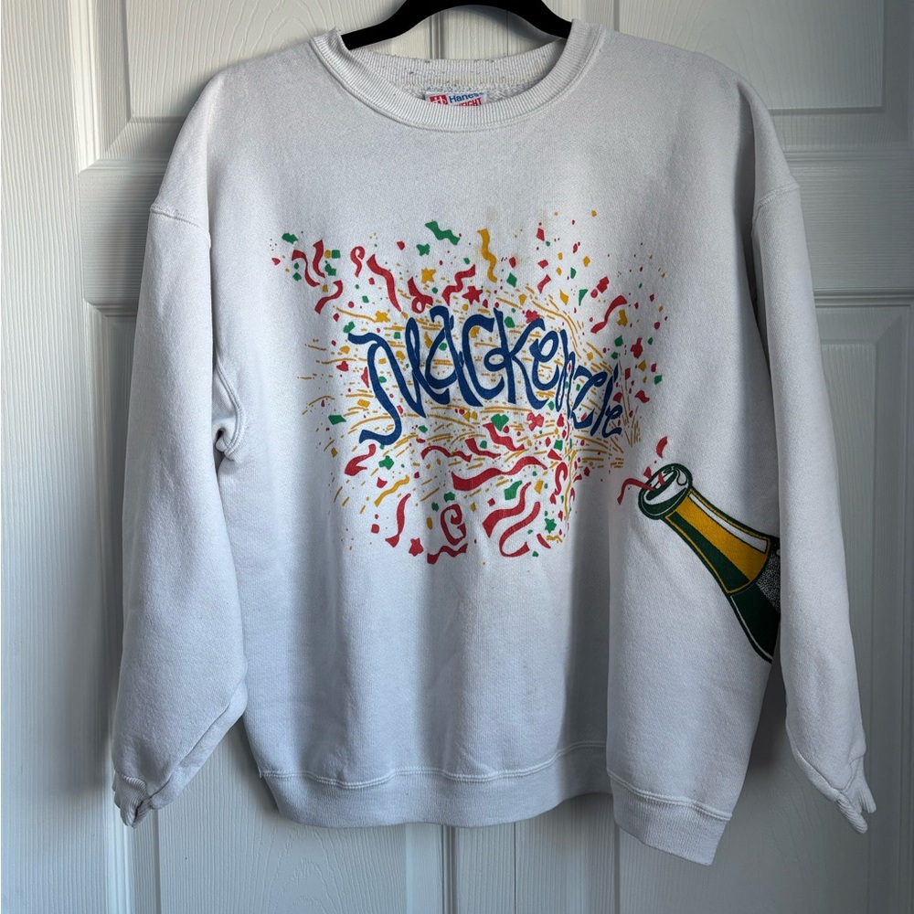 Vintage Hanes White “Mackenzie” Celebration Graphic Sweater 🎉 Size L